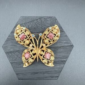 Vintage Avon Butterfly Brooch Pin Midnight Splendor Enamel Faux Pearl Gold Tone